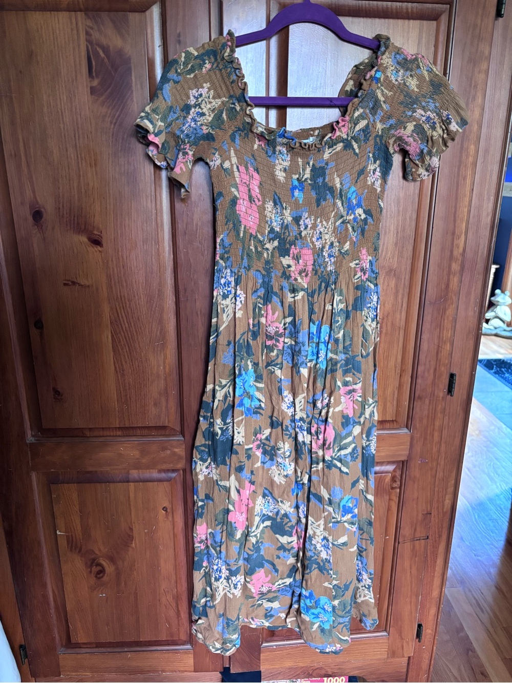 Kimchi Blue Brown off the Shoulder Midi Dress with Pink & Blue Floral Print